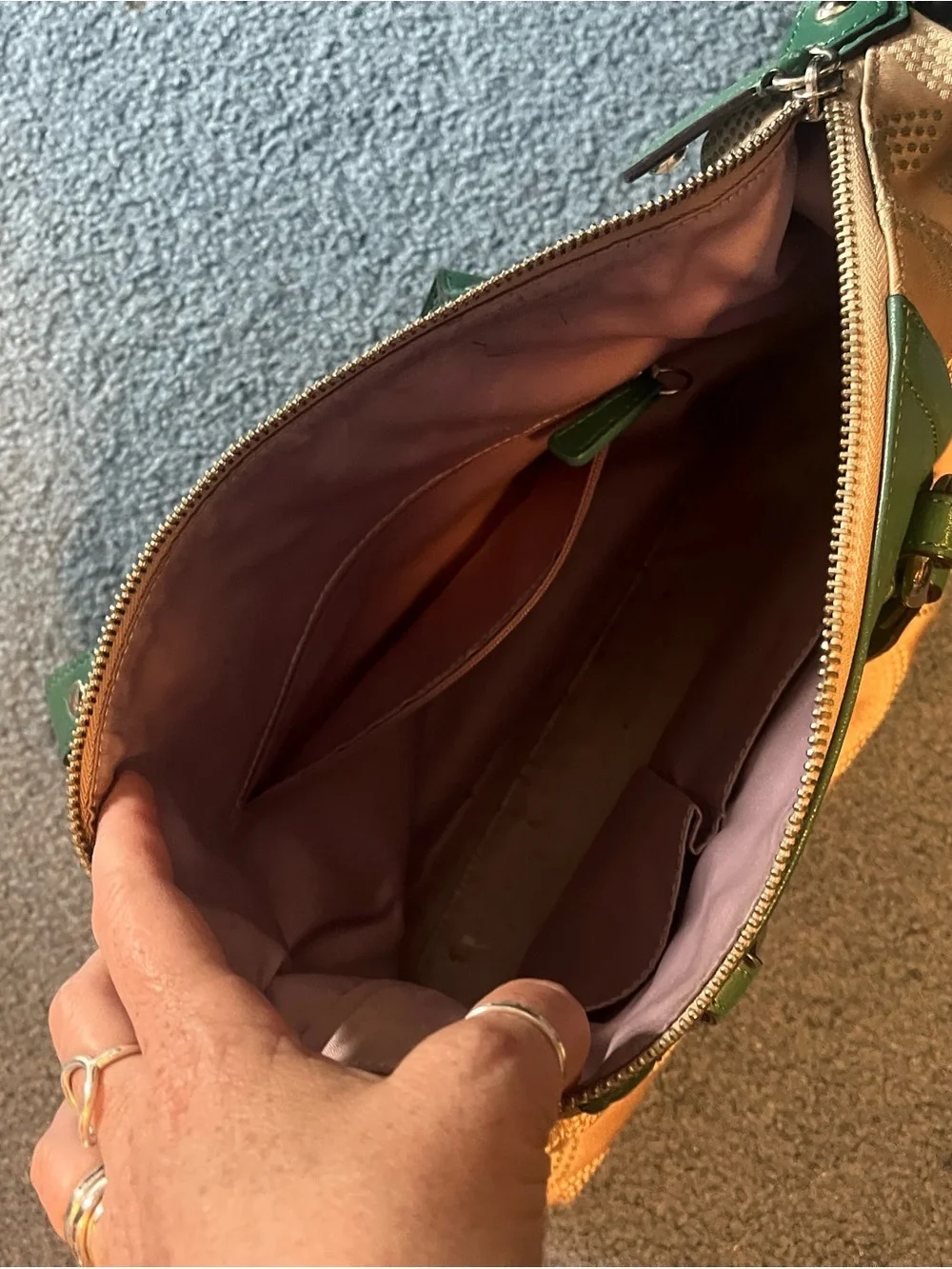 Coach Green Leather & Beige Patterned Shoulder Bag